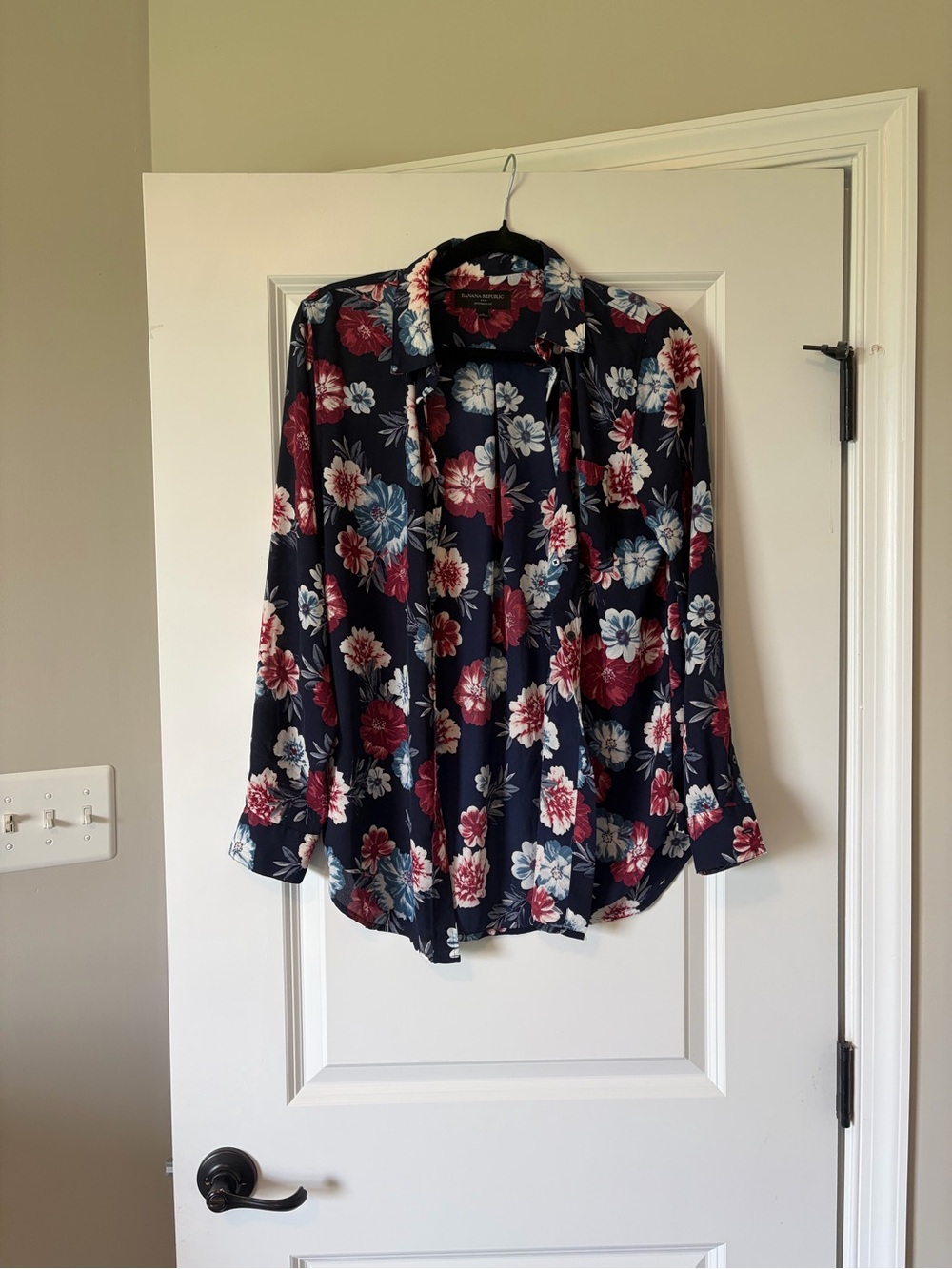 Banana Republic Navy Floral Button-Down Shirt with Red and White Blooms